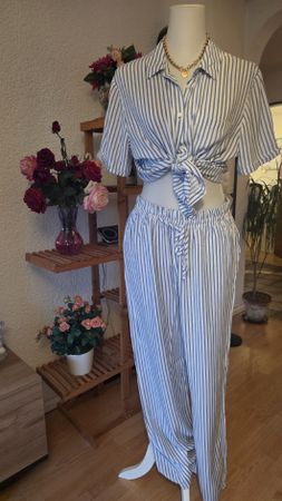 Striped Trousers Viscose Blue White Size M good condition
