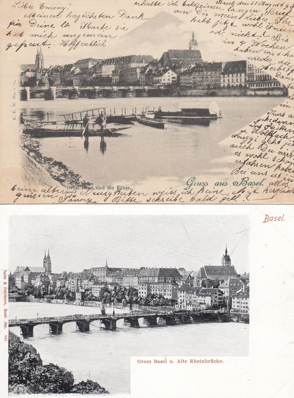 Ansichtskarten: 2 Postkarten Ansichten Basel Rheinbrücke – Gebraucht aus Rheinfelden von iamello