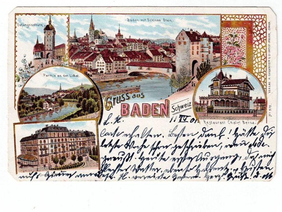 Cartoline postali: Schweiz, 3 Ansichtskarten Gruss aus Baden, Baden 1901 – Usato da Hinteregg venduto da McCharly01 3