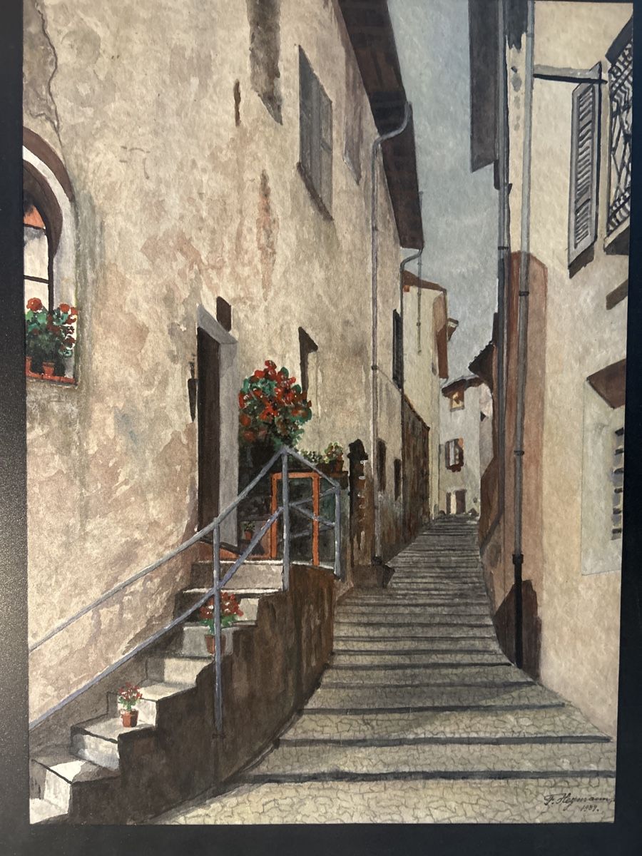 Dipinti: Aquarell "Gasse" F. Hegmann, 1989, gerahmt – Usato da Glarus venduto da KunstWerkEr-LS87 2
