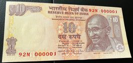 Indien 10 Rupees 2014 Neuwertig Serie 92M 000001 !!!!!!