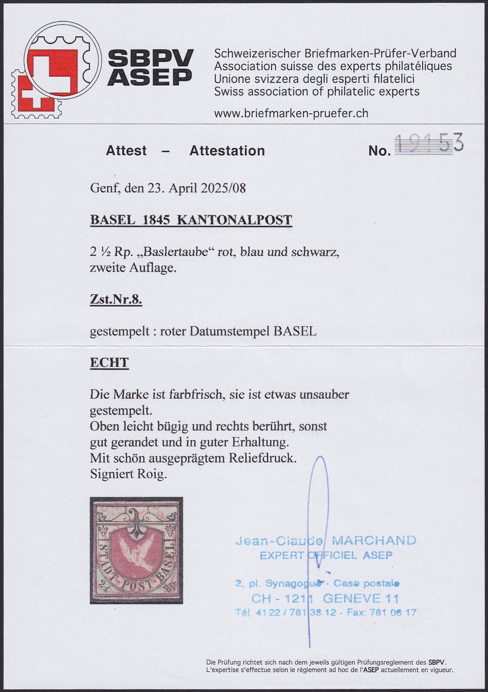 Nr.8a (BASLER TAUBE), mit ideal zentrierten Druckfarben! (Gebraucht) in ...