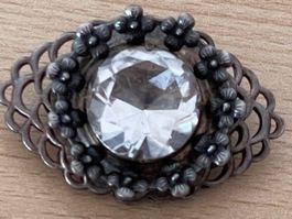 Brosche Vintage Neusilber Strass d-2cm