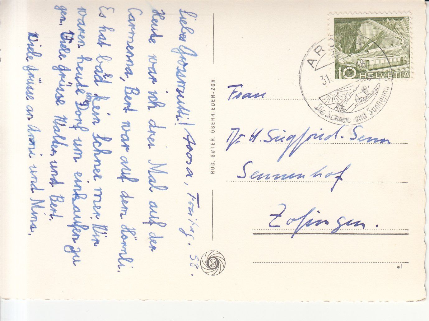 Cartoline postali: Arosa 1958 – Usato da Bürglen TG venduto da StampGraf 1