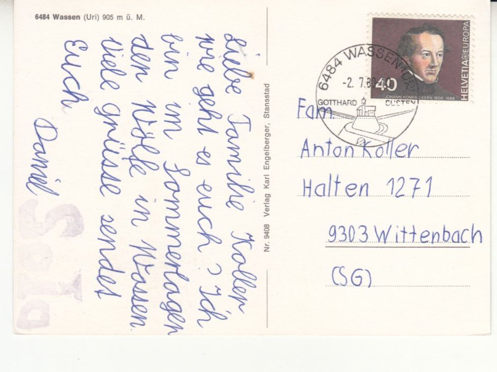 Cartoline postali: Wassen 1980 – Usato da Bürglen TG venduto da StampGraf 1