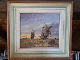 Peinture à l'huile hollandaise - paysage avec moulins à vent