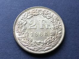 2 Franken Silbermünze 1965. wie neu ungereinigt
