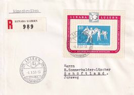 1951, LUNABA-Block Nr. W32 auf R-Brief, mit Sonderstempel.