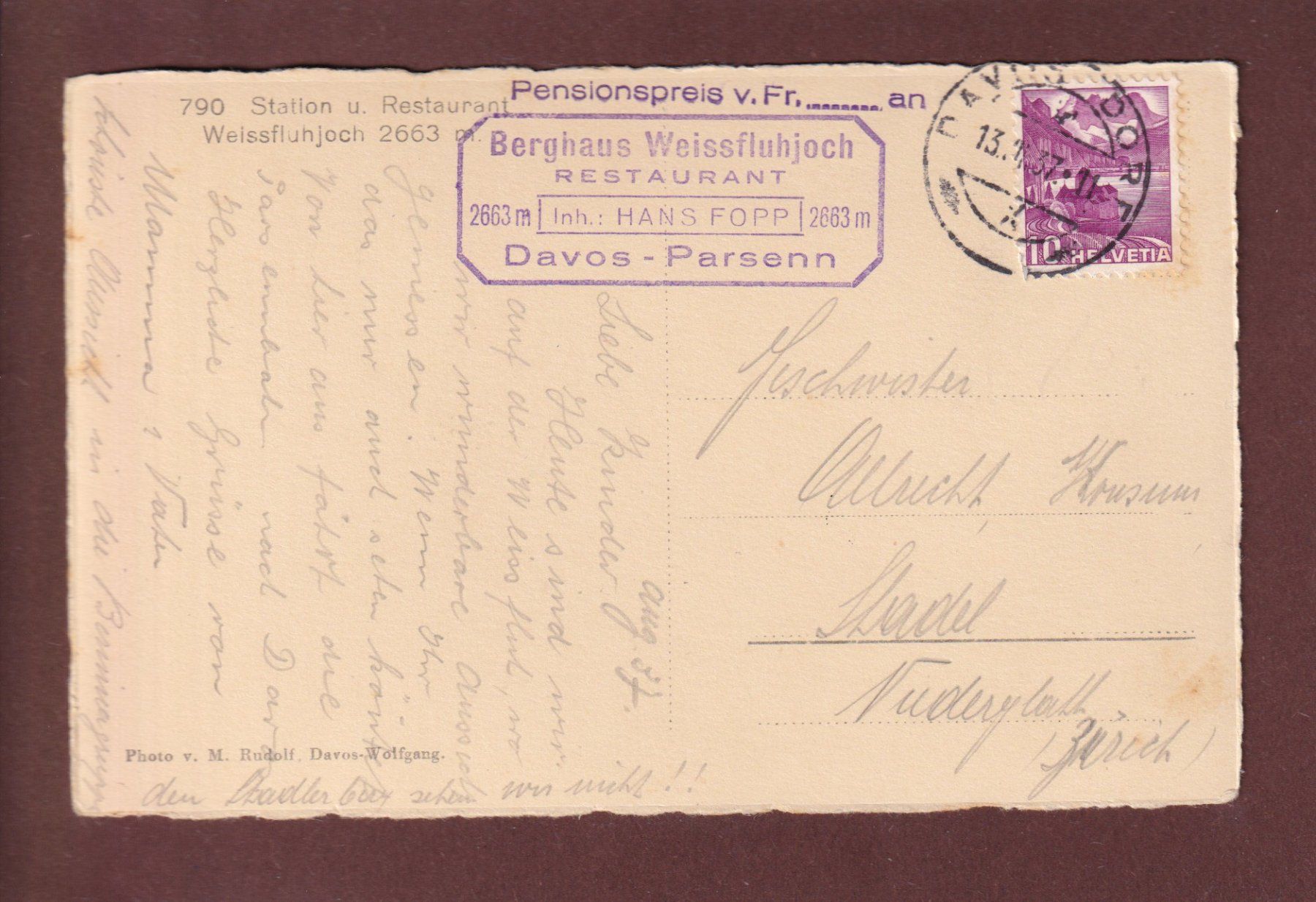 Cartoline postali: DAVOS - Weissfluhjoch - 1937 – Usato da Pully venduto da nicecards 1