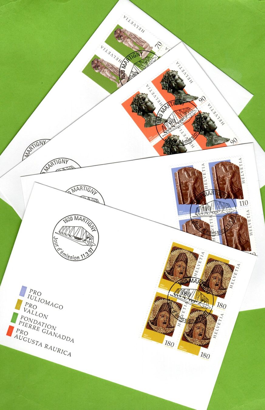 Alle Briefmarken: 1997 FDC Gallo-römische Kunstwerke Viererbl. blanco SBK 39.- – Gebraucht aus Stein am Rhein von Huehnerhund