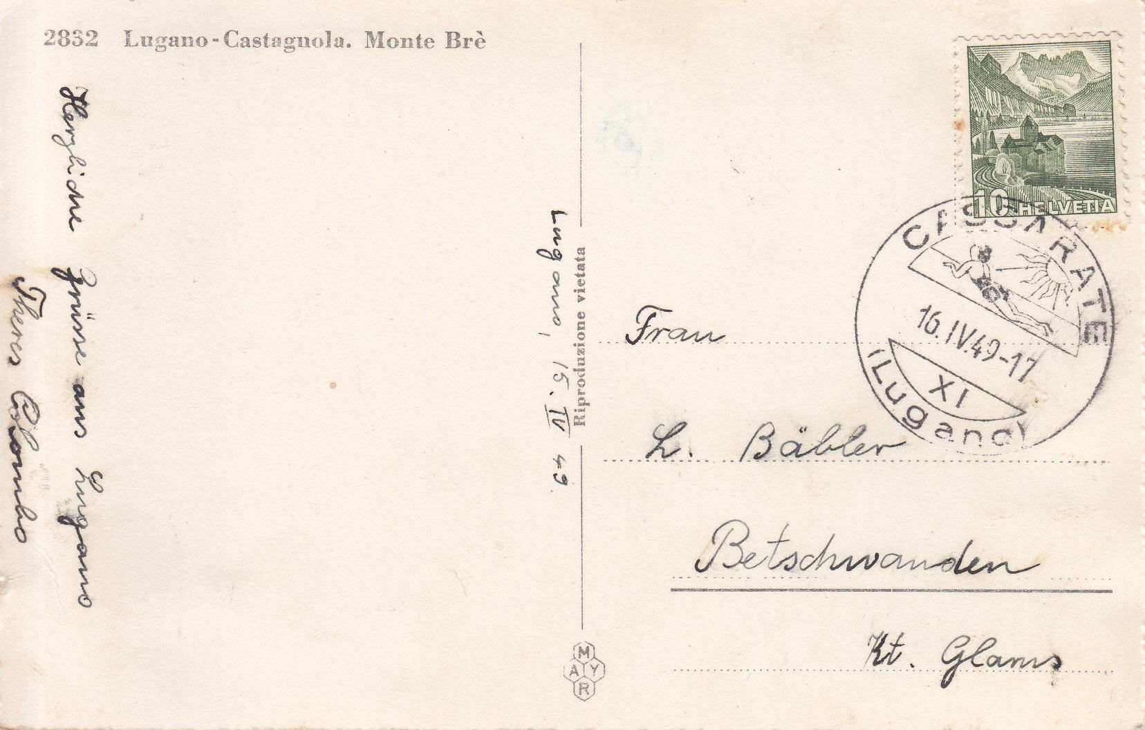 Cartoline postali: Lugano Castagnola 1949 – Usato da Bürglen TG venduto da StampGraf 1