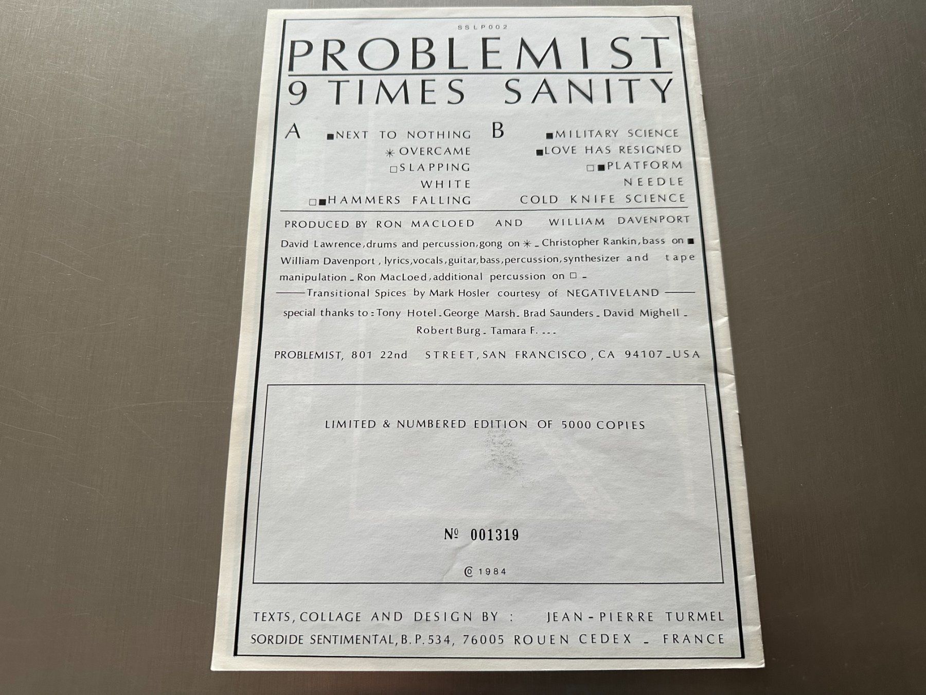 Schallplatten: PROBLEMIST LP 9 TIMES SANITY - SORDIDE SENTIMENTAL-COLLECTOR – Gebraucht aus Sion von jaipur1401 5