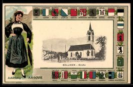 Passepartout-Lithographie Kölliken, Kirche, Wappen der Kanto