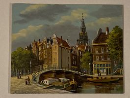 J. Van Riemsdijk Stadt Gemälde signiert mit Brücke und Boot