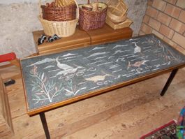 Tisch Mosaik, Salontisch mit Glasplatte, Asiatika, Kraniche