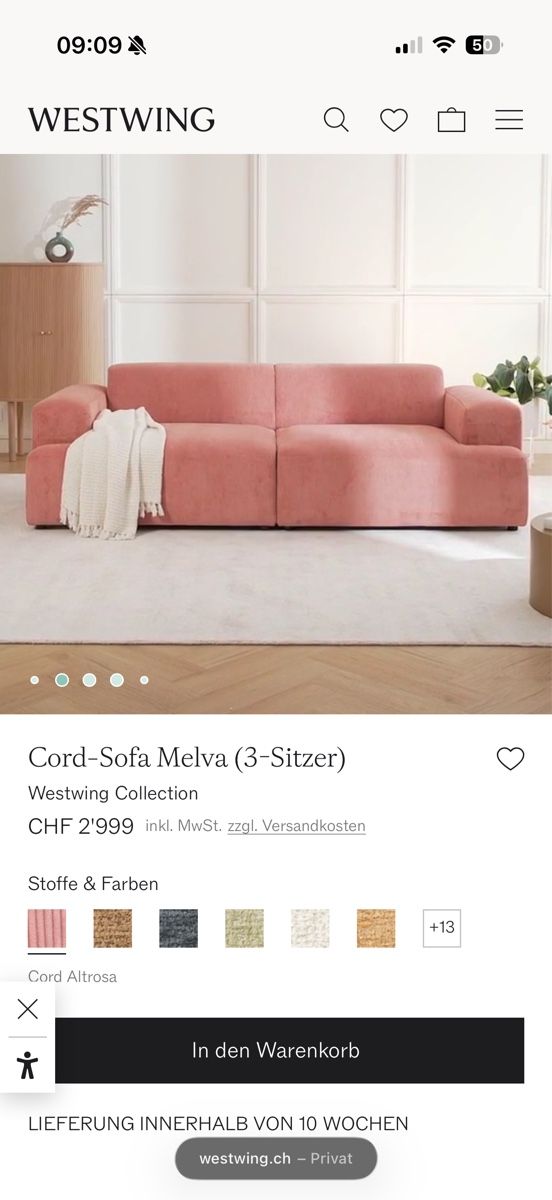 Divani: Sofa Melva Westwing in Cord altrosa 238cm – Usato da Dietikon venduto da zuerichsecondhand 2