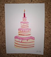 Handgemachte Karte Geburtstagstorte mit Kerze Aquarell