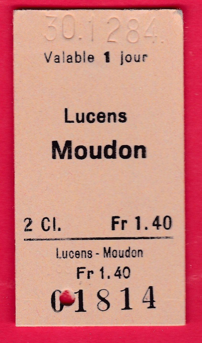 Tickets: KARTON BILLETT, LUCENS - MOUDON, 2.KLASSE, EINFACH, 1984 – Gebraucht aus Oberrieden von Gebirgsstelze