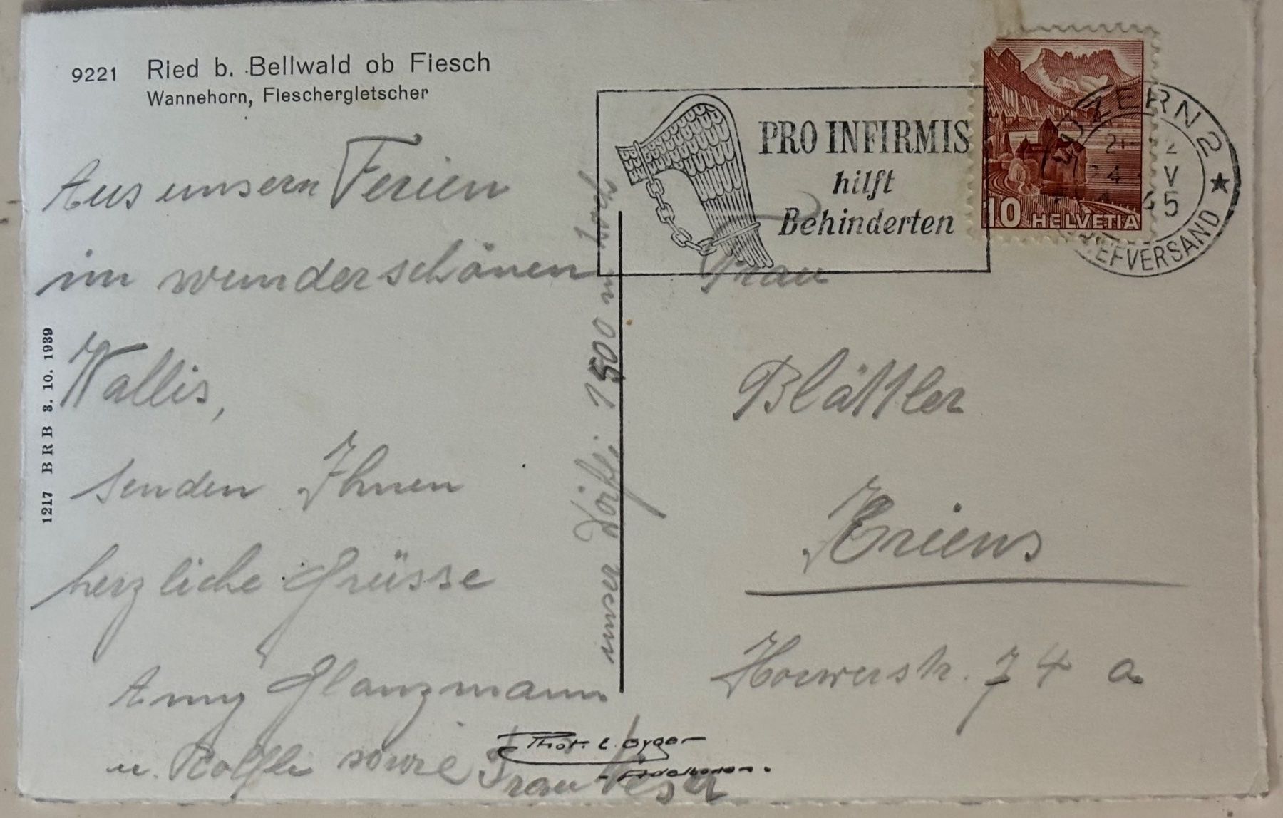 Cartoline postali: E. Gyger, Ried bei Bellwald, 1945 – Usato da Frauenfeld venduto da Merk52 1