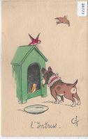 Humor - l'Intrus - Hund mit Vögel - Künstlerkarte Caf