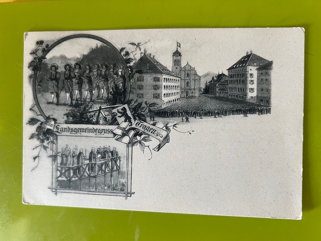 Cartoline postali: 3 BILD LANDSGEMEINDEGRUSS VON TROGEN – Usato da Steinach venduto da Momoco