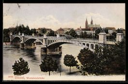 AK Basel, Blick auf die Wettersteinbrücke mit Straßenbahn