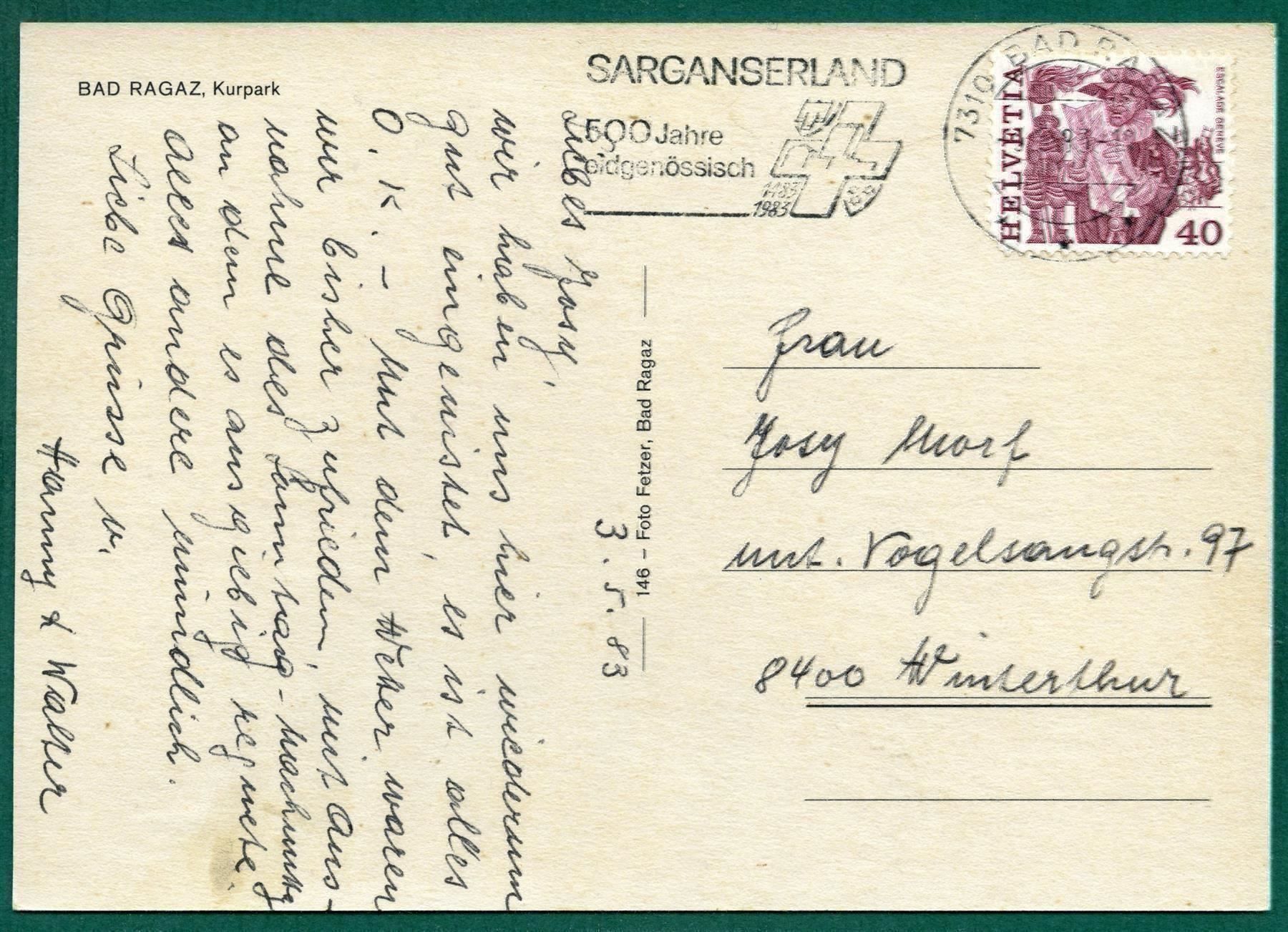 Cartoline postali: Bad Ragaz, 1983, Kurpark, gelaufen, Grossformat – Usato da Sargans venduto da Hausi1951 1