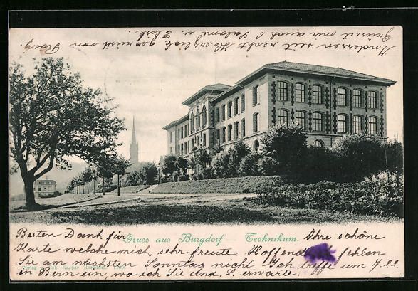 Cartoline postali: AK Burgdorf, Technikum mit Kirche, 1903 – Usato da Berlin venduto da bartko-reher