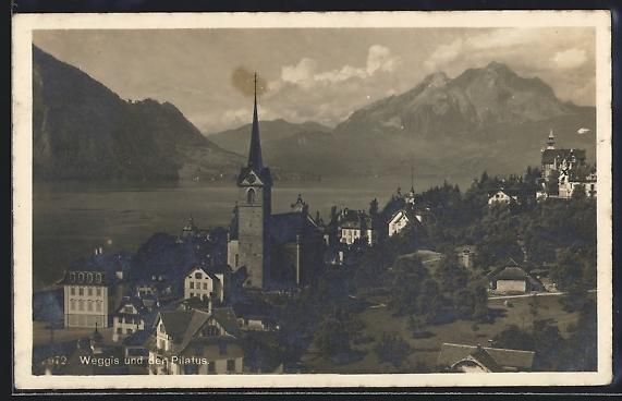 Ansichtskarten: Weggis, Teilansicht mit Kirche und Pilat – Gebraucht aus Berlin von bartko-reher