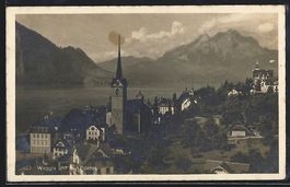 Weggis, Teilansicht mit Kirche und Pilat