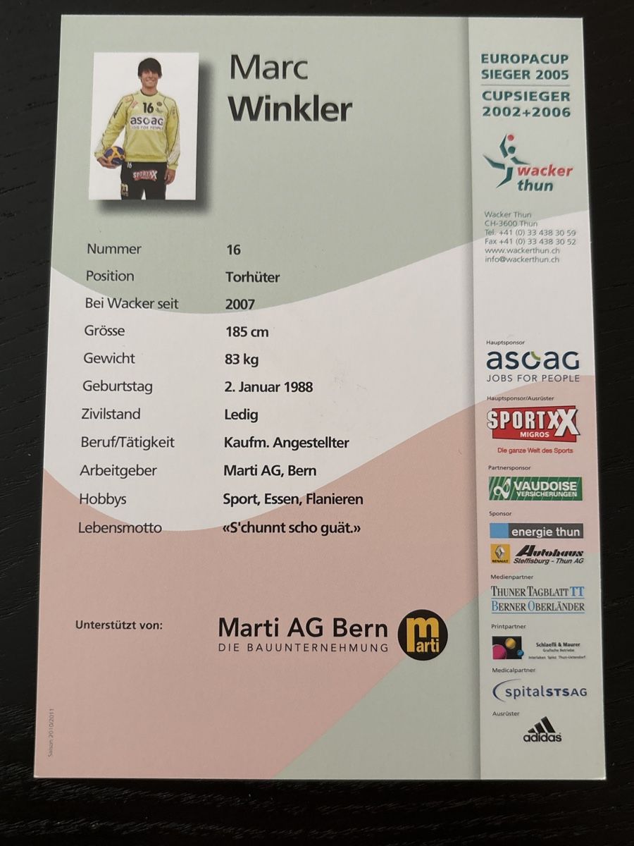 Autografi: Handsignierte Karte Marc Winkler Wacker Thun – Usato da Uetendorf venduto da hoisle 1