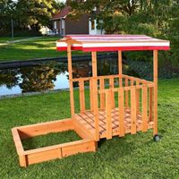 Sandkasten Holz mit Dach + Veranda rot