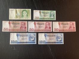 DDR Mark Sammlung, Scheine 5, 20, 50, 100, Jahr 1971