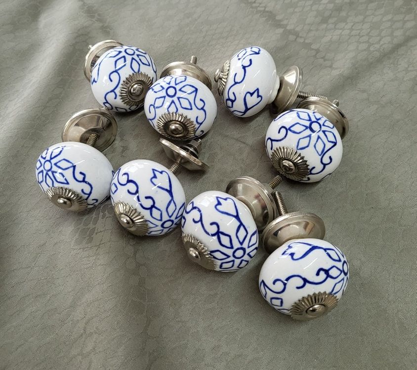 10er-Set Vintage Keramikgriffe – Handbemalt, Weiß, Für Küche & Schränke