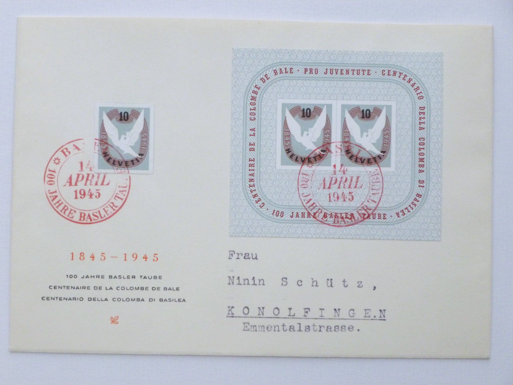 Alle Briefmarken: FDC - Block 100J Basler Taube+Einzelwert, SSt. BASEL 14.4.45 – Gebraucht aus Uster von schepus23