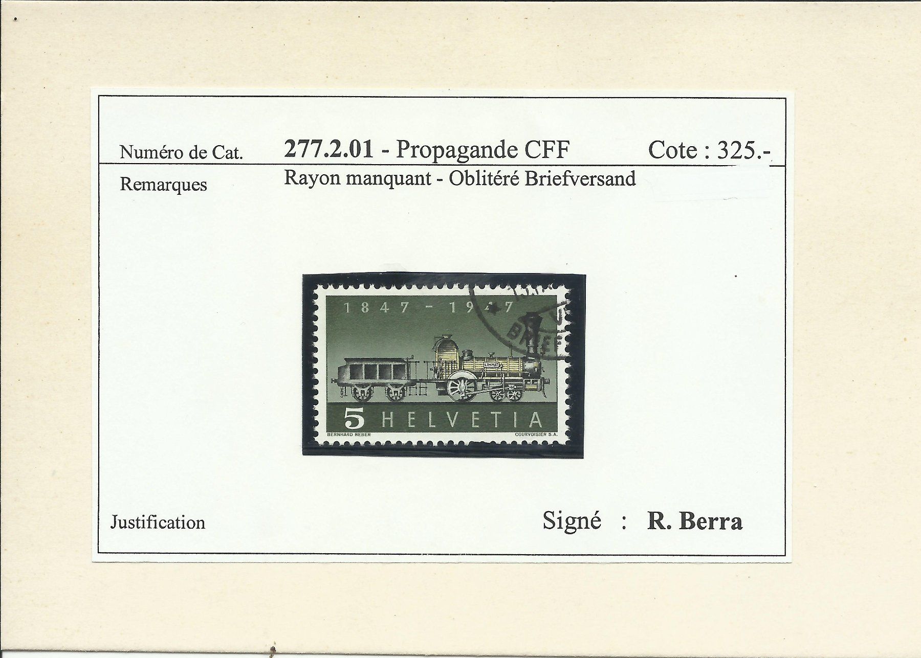 Tutti i francobolli: RAYON MANQUANT (277.2.01) - PROPAGANDE CFF - 1947 – Usato da St-Maurice venduto da Pwillow