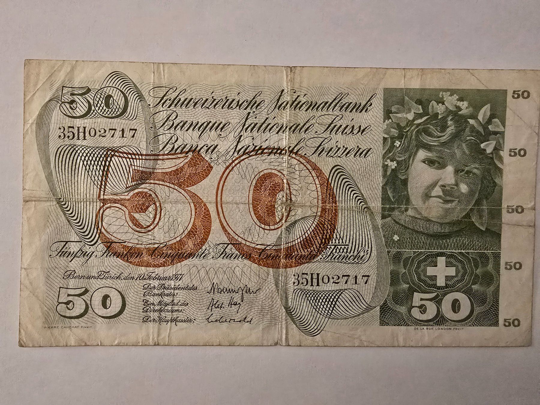 Banconote: 50 francs suisses 1971avec traces d'utilisation – Usato da Neuenhof venduto da brasvarela