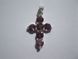 Anhänger Kreuz versilbert mit rosa Strass
