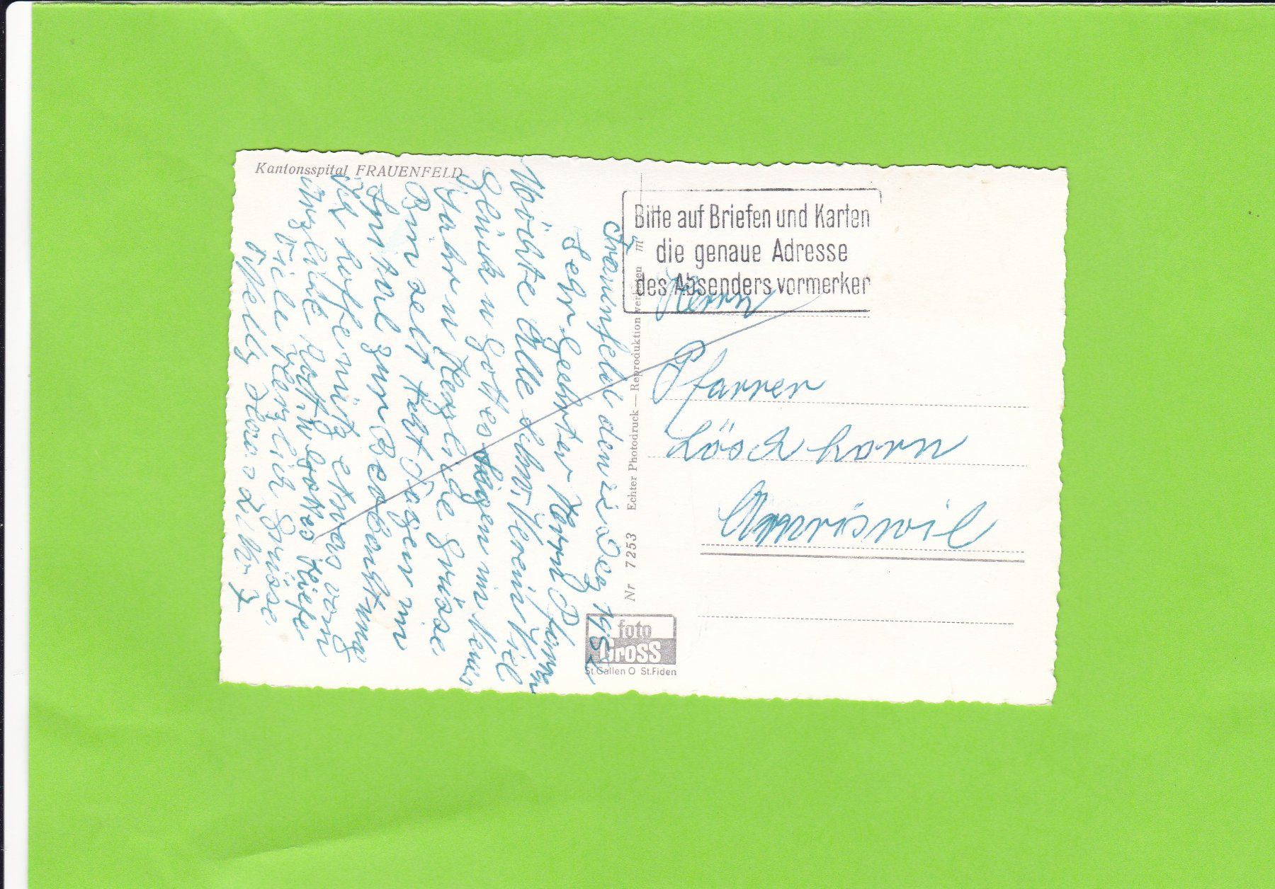 Cartoline postali: Kantonsspital Frauenfeld – Usato da St. Peterzell venduto da neckertal 1