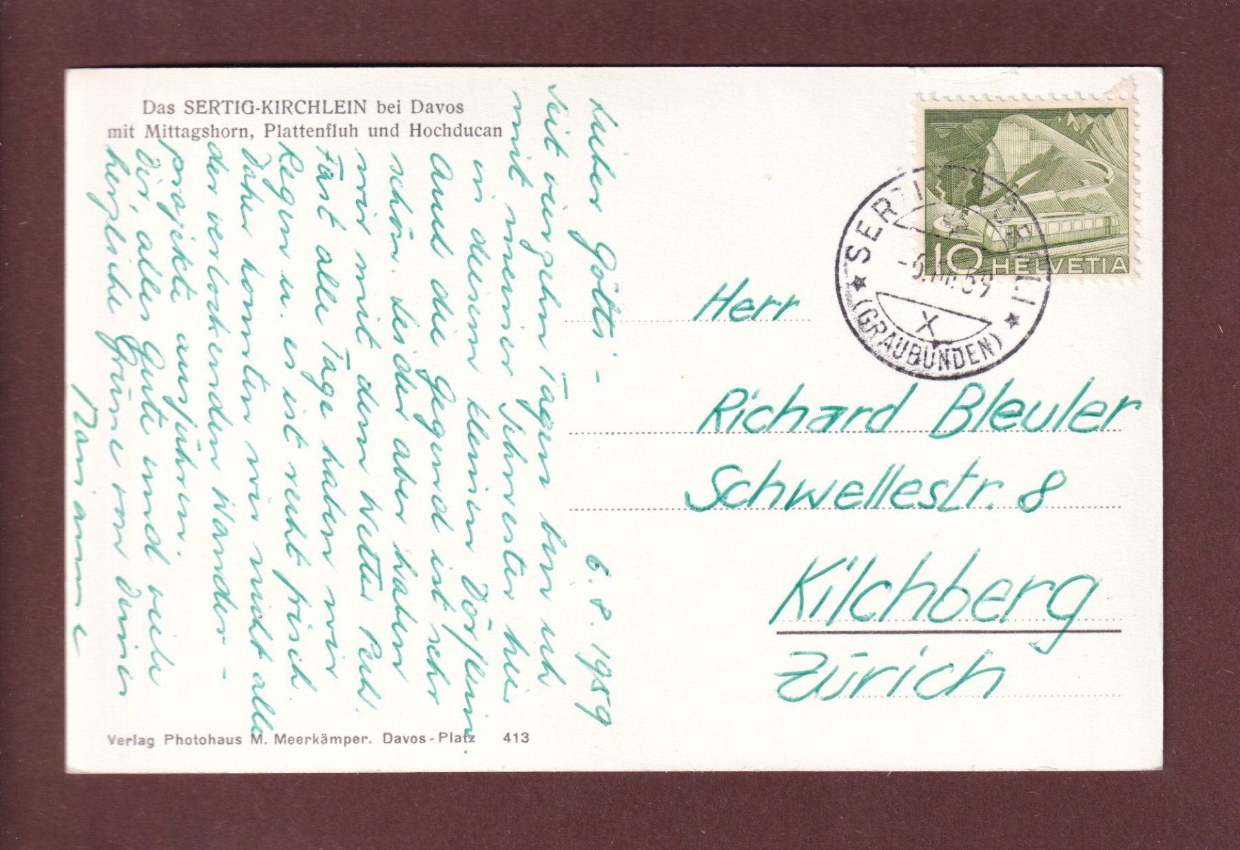 Cartoline postali: Davos - SERTIG KIRCHLEIN - 1959 – Usato da Pully venduto da nicecards 1