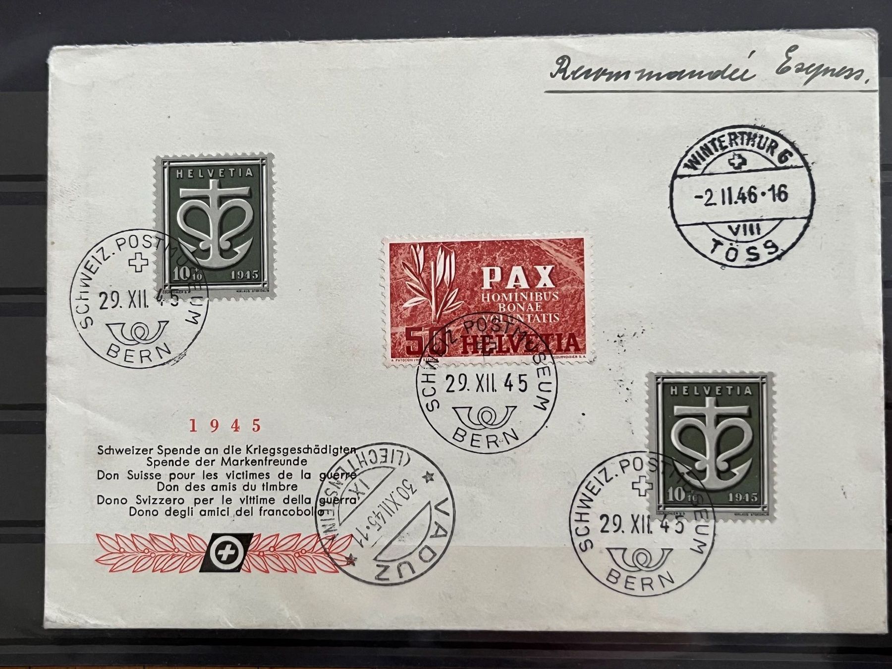Tutti i francobolli: Brief mit Pax 50 Rp., Kriegsgeschädigte – Usato da Romanshorn venduto da luxcollect
