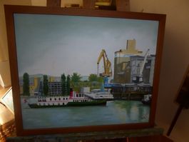 Oelgemaelde Rheinhafen Basel Schiff gebraucht gerahmt