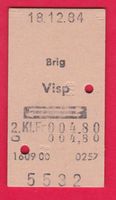 KARTON BILLETT, BRIG - VISP, 2.KLASSE, RETOUR, 18.12.1984