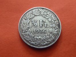 1/2 Fr.  1936 rar nur 0,40 Mio.  -  ungereinigt  -