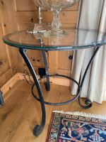 BEISTELLTISCH SCHMIEDEEISEN GLAS, D 60 cm, ALT, WUNDERSCHÖN!