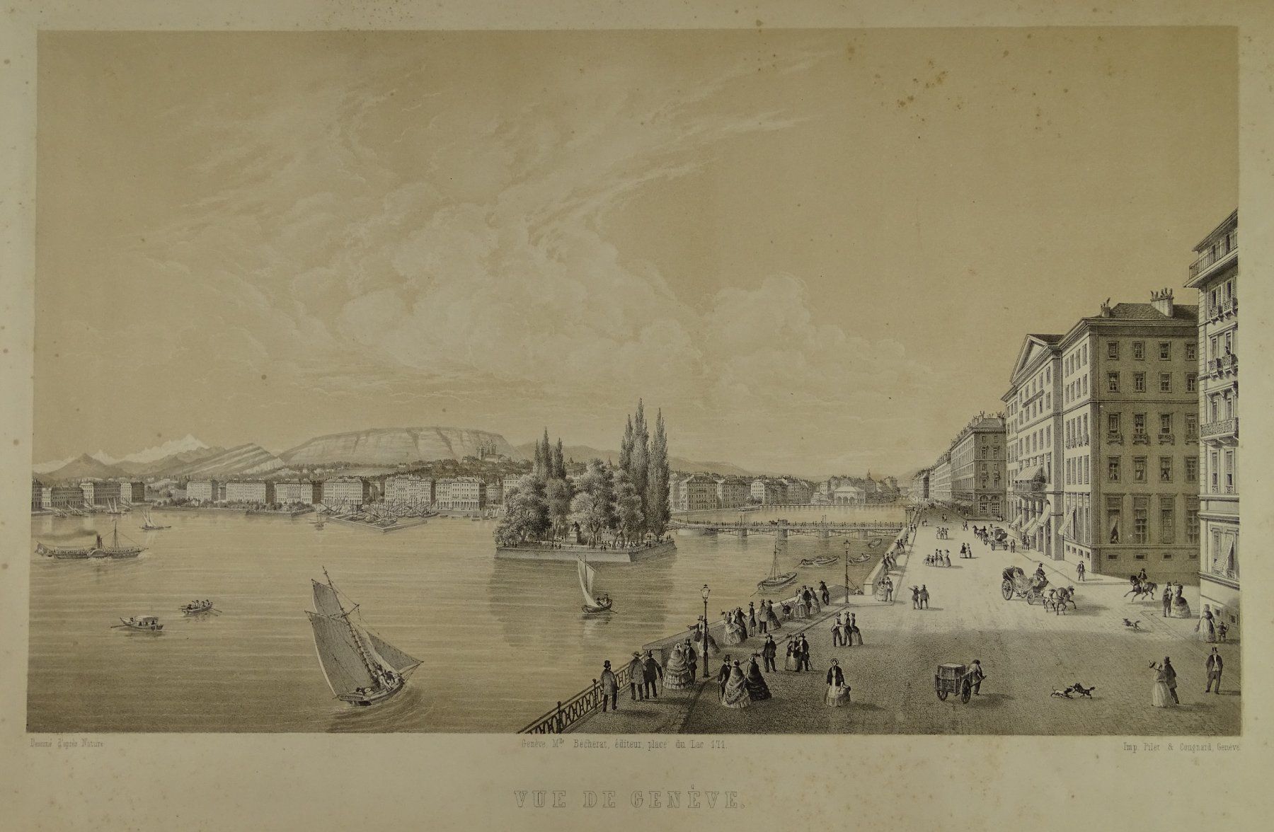 Stiche: GENÈVE, GENF, GROSSE LITHOGRAPHIE UM 1850 – Gebraucht aus Grüningen von Kartensammler