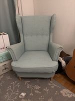 Wing chair light blue fabric upholstered good condition
