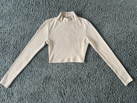 Geripptes Langarm Crop Top Gr. Xs Beige Rollkragen Shirt Her