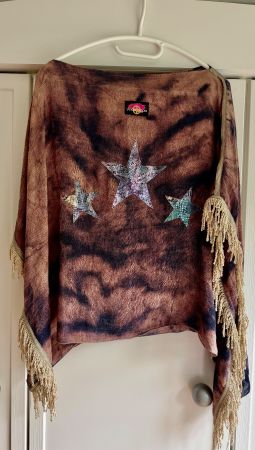 Yippie Hippie Poncho Oberteil Top Fransen Sterne Boho