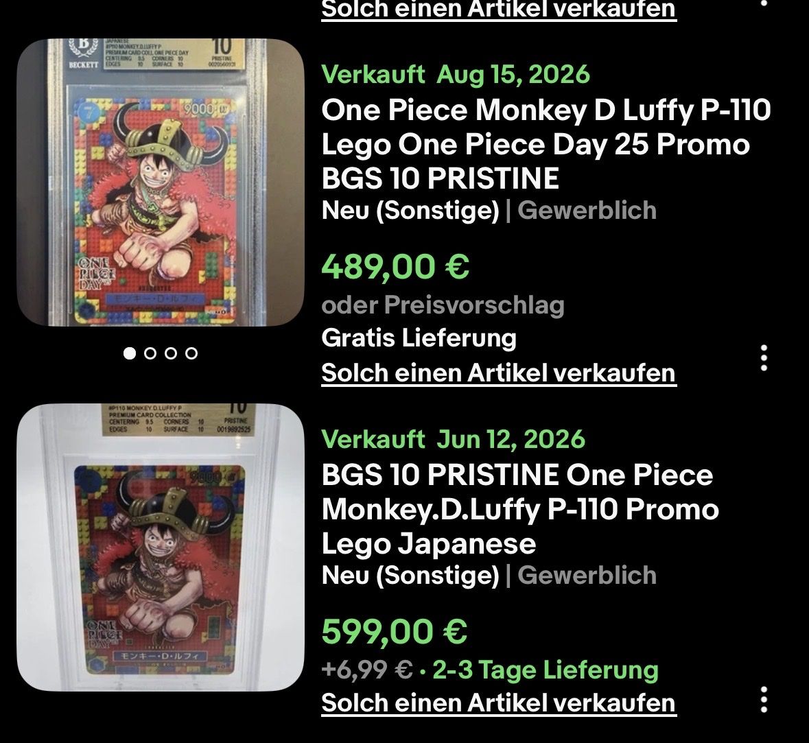 Bandai Carte collezionabili: One Piece Monkey D. Luffy P-110 BGS 10 – Nuovo e nell'imballaggio originale da Thal venduto da SidKu1 1